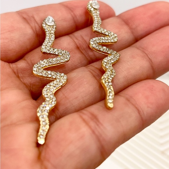 Gold snake statement earrings- snake rhinestone earrings- gold drop earrings - Picture 3 of 6